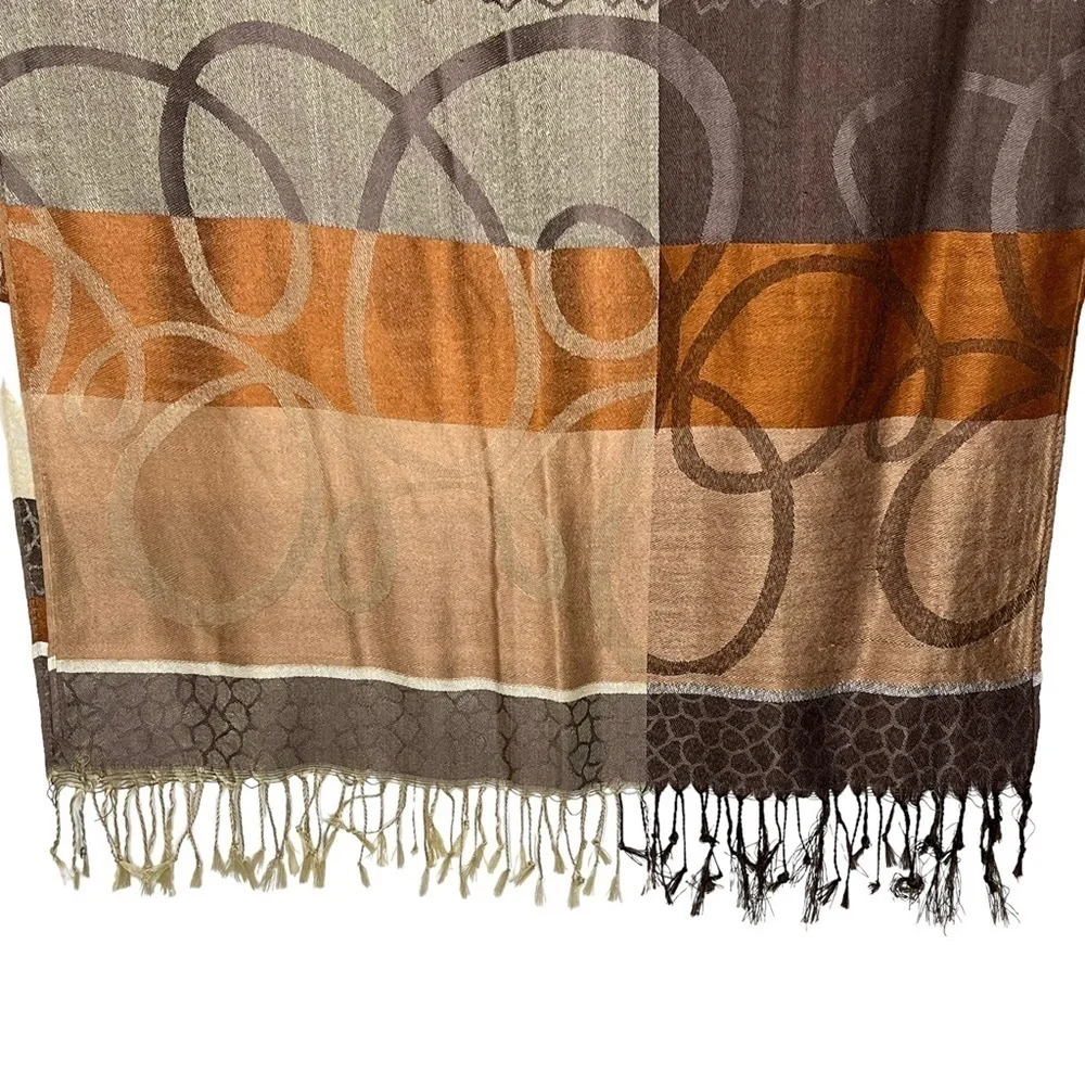 Women’s Brown Neutral Tones Color Block Fringe Faux Cashmere Scarf Shawl Wrap